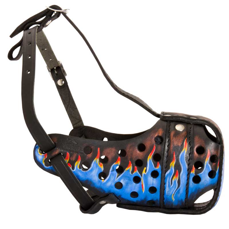 Handpainted Designer Leather Rottweiler Muzzle with Blue Flames