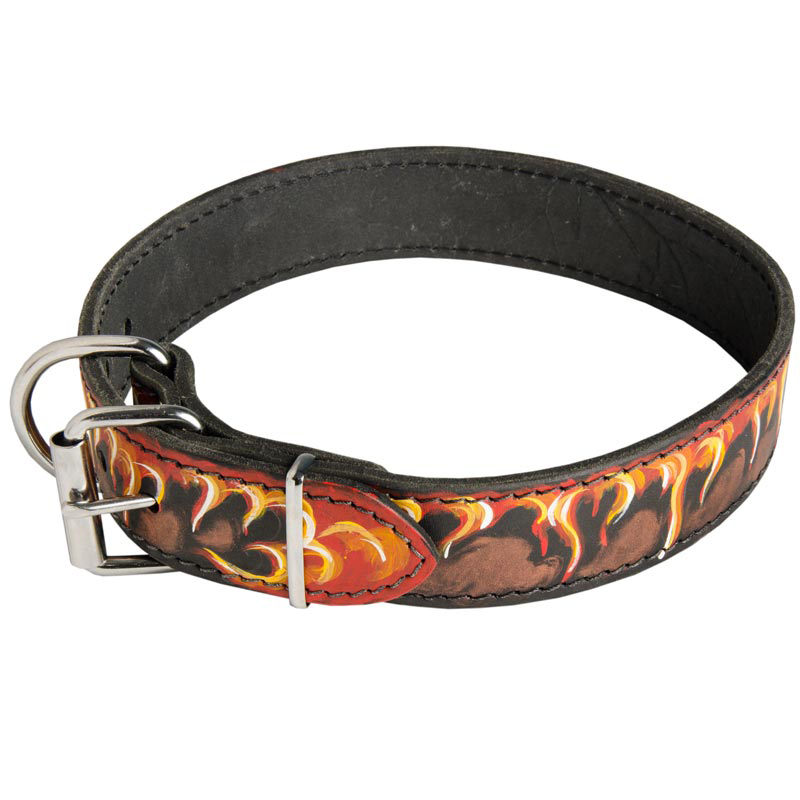 Handpainted Leather Dog Collar for Rottweiler with Red Flames